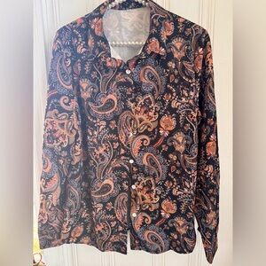 Black Paisley Button-Up Blouse with Peach and Blue Accents